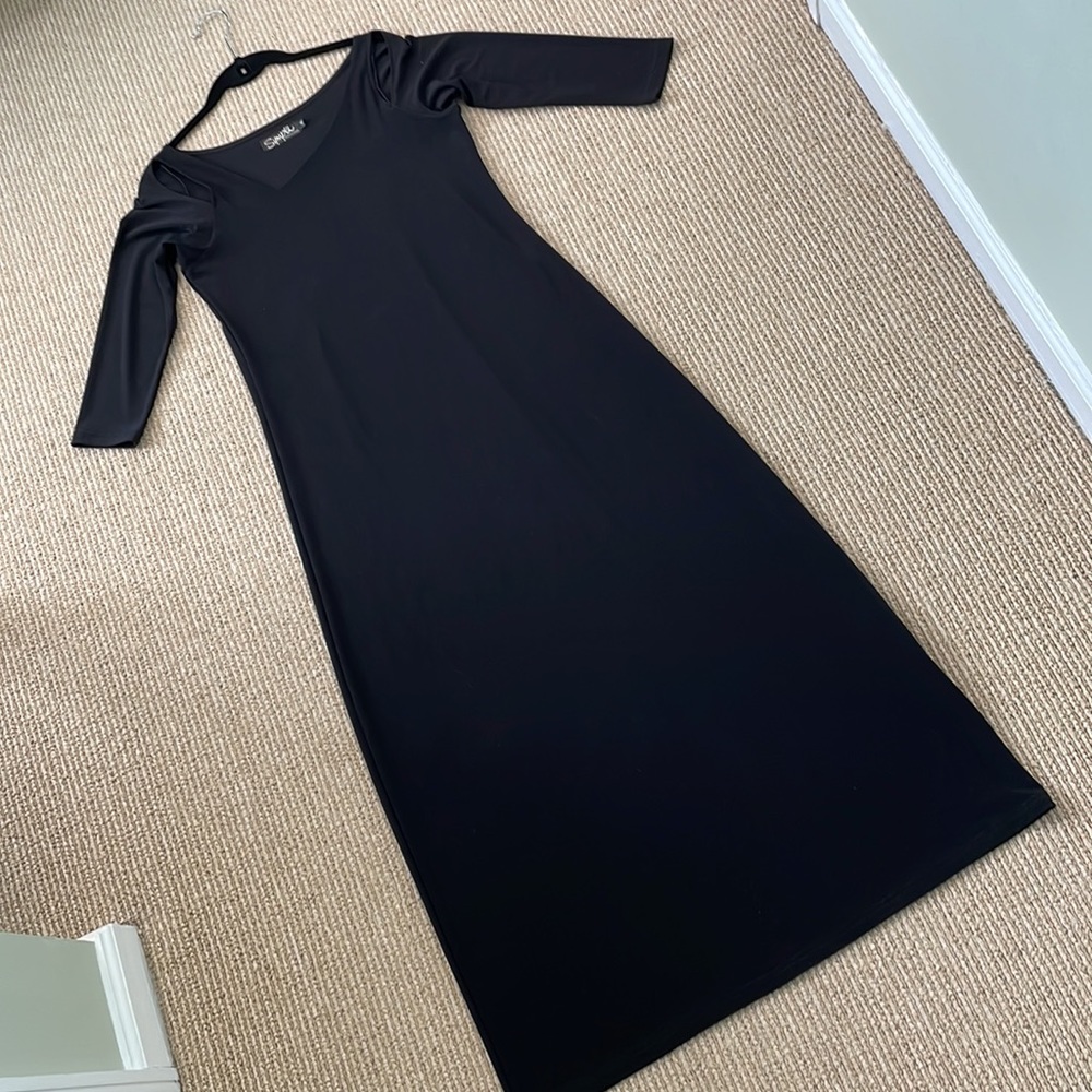 Sympli Maxi asymmetrical cut dress black with three quarter detailed sleeves.